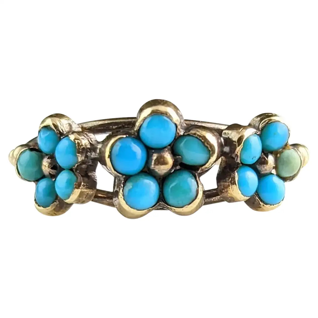 Antique Georgian triple flower ring, Forget me not, 18ct gold and
