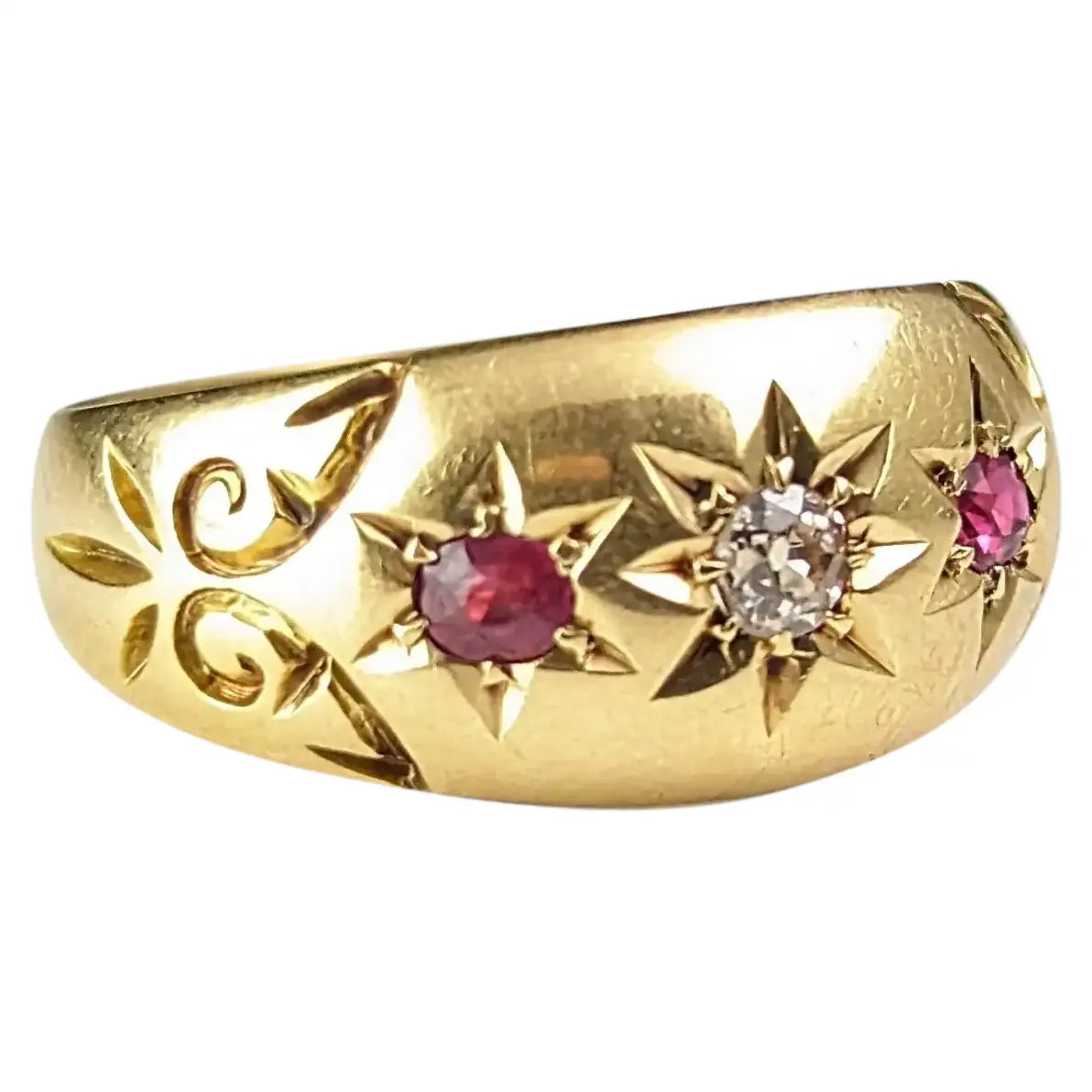 Antique Star set Ruby and Diamond ring, 18ct gold, Gypsy set