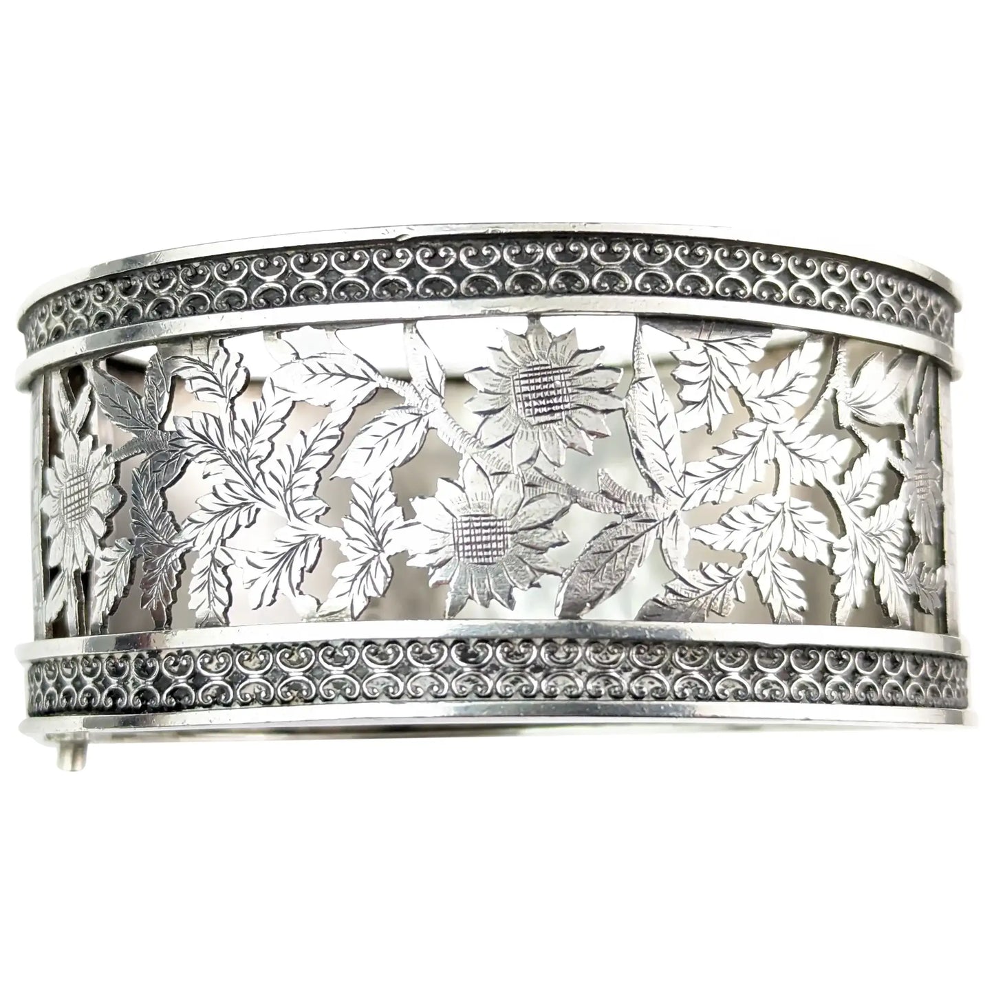 Antique Victorian silver cuff bangle, pierced floral design, Monogrammed