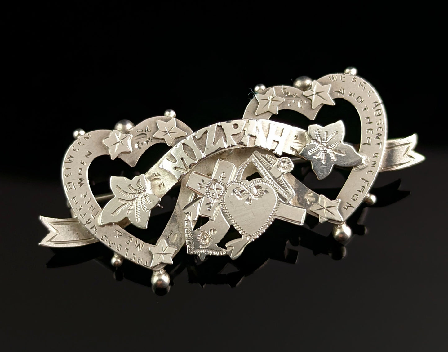 Antique Edwardian silver Mizpah brooch, double heart