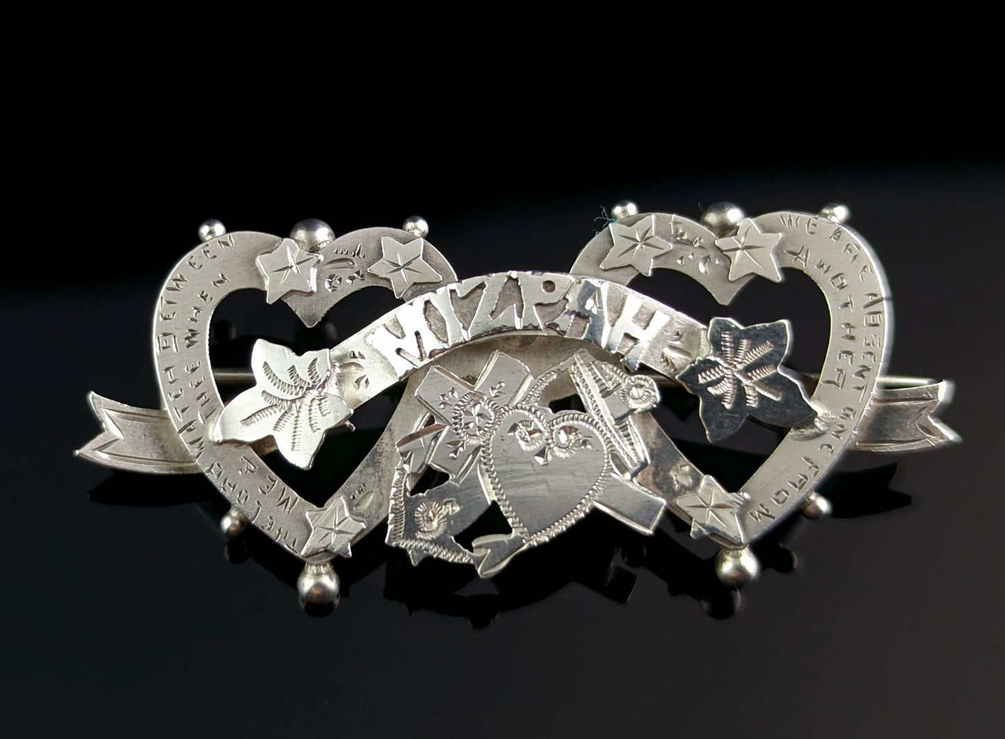 Antique Edwardian silver Mizpah brooch, double heart