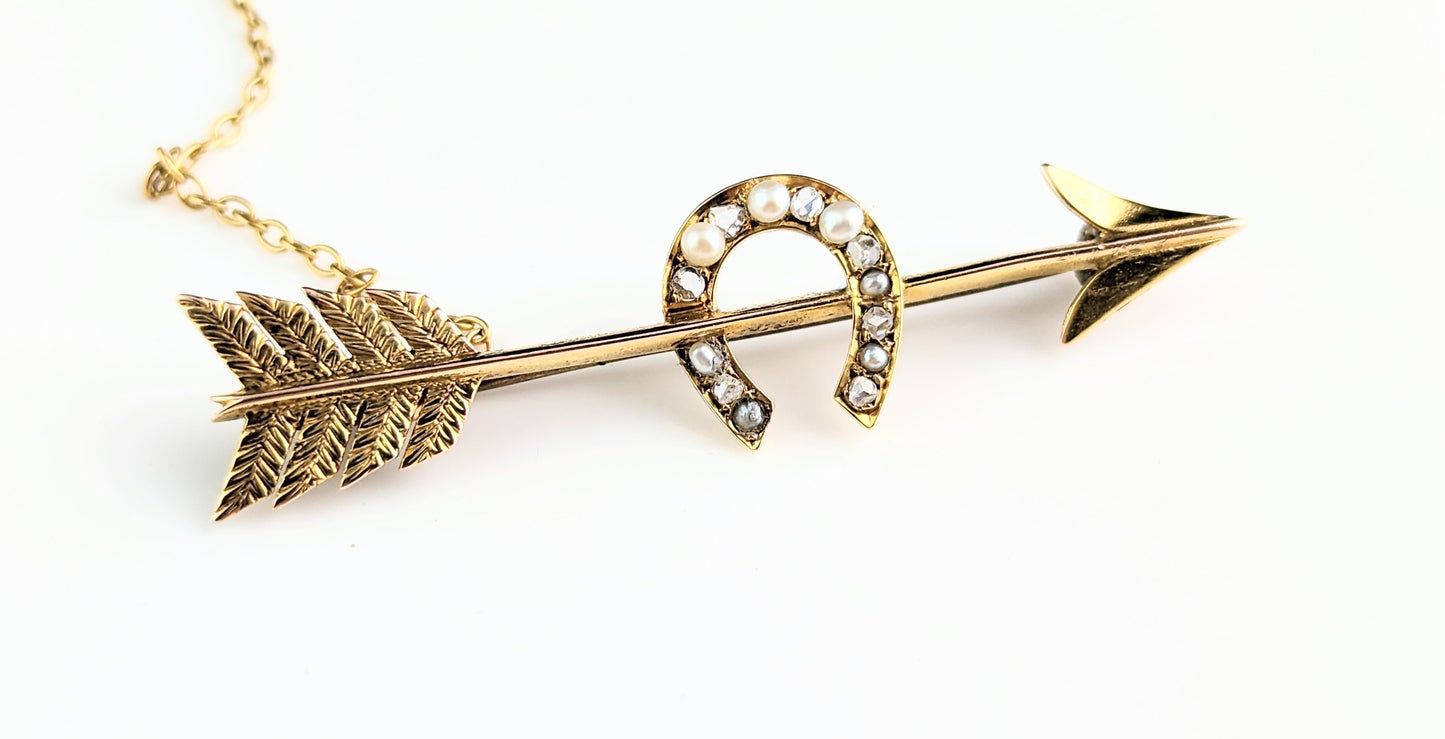 Antique 15ct gold Arrow and horseshoe brooch, Diamond and Pearl, Victorian