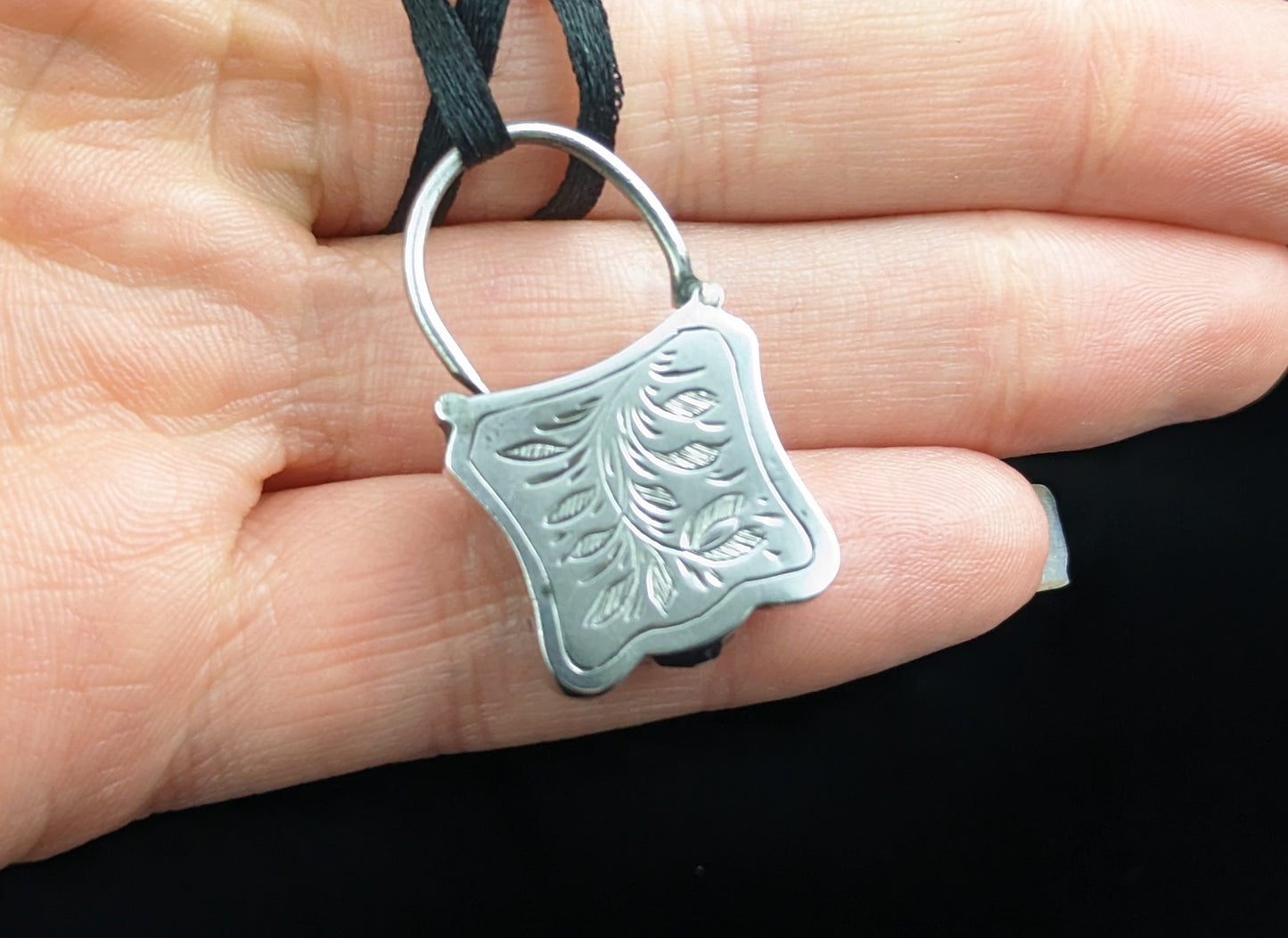 Antique silver padlock pendant, Green Jasper, Shield shaped, Victorian