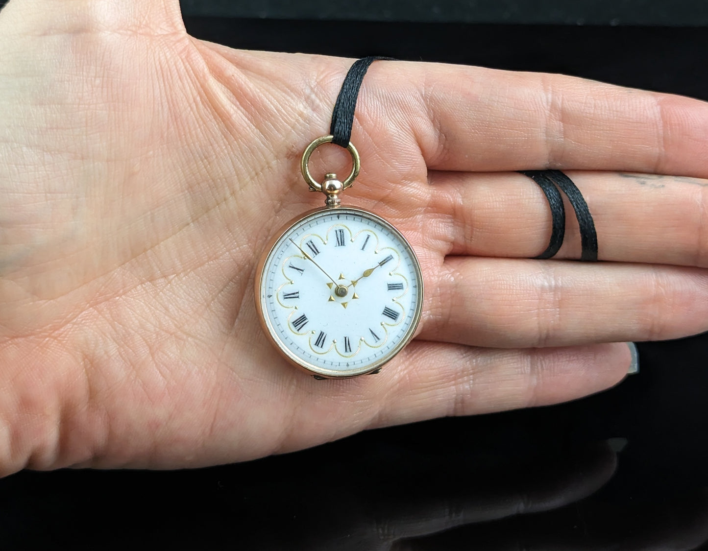 Antique 9ct gold ladies pocket watch, floral, fob watch