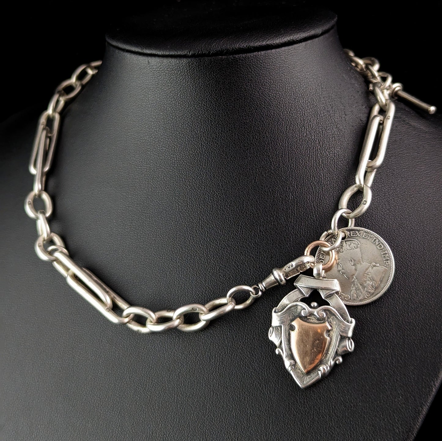 Antique sterling silver Albert chain, watch chain, Heavy