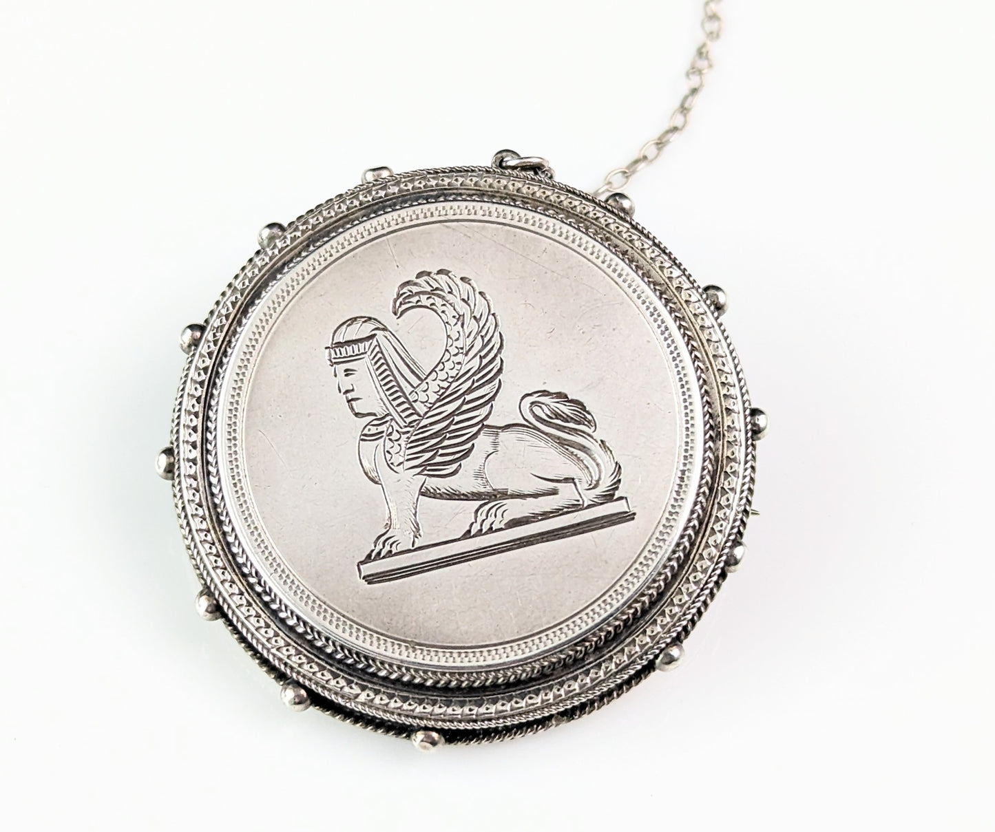 Antique Victorian Assyrian revival brooch, Sterling silver, Lamassu