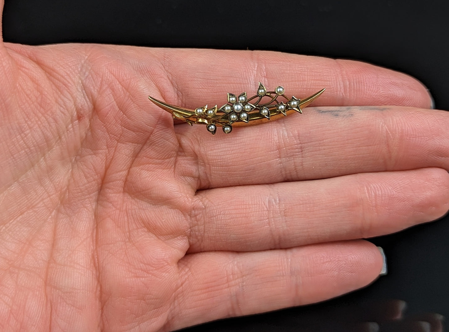 Antique 15ct crescent moon and flower brooch, pearl, Victorian