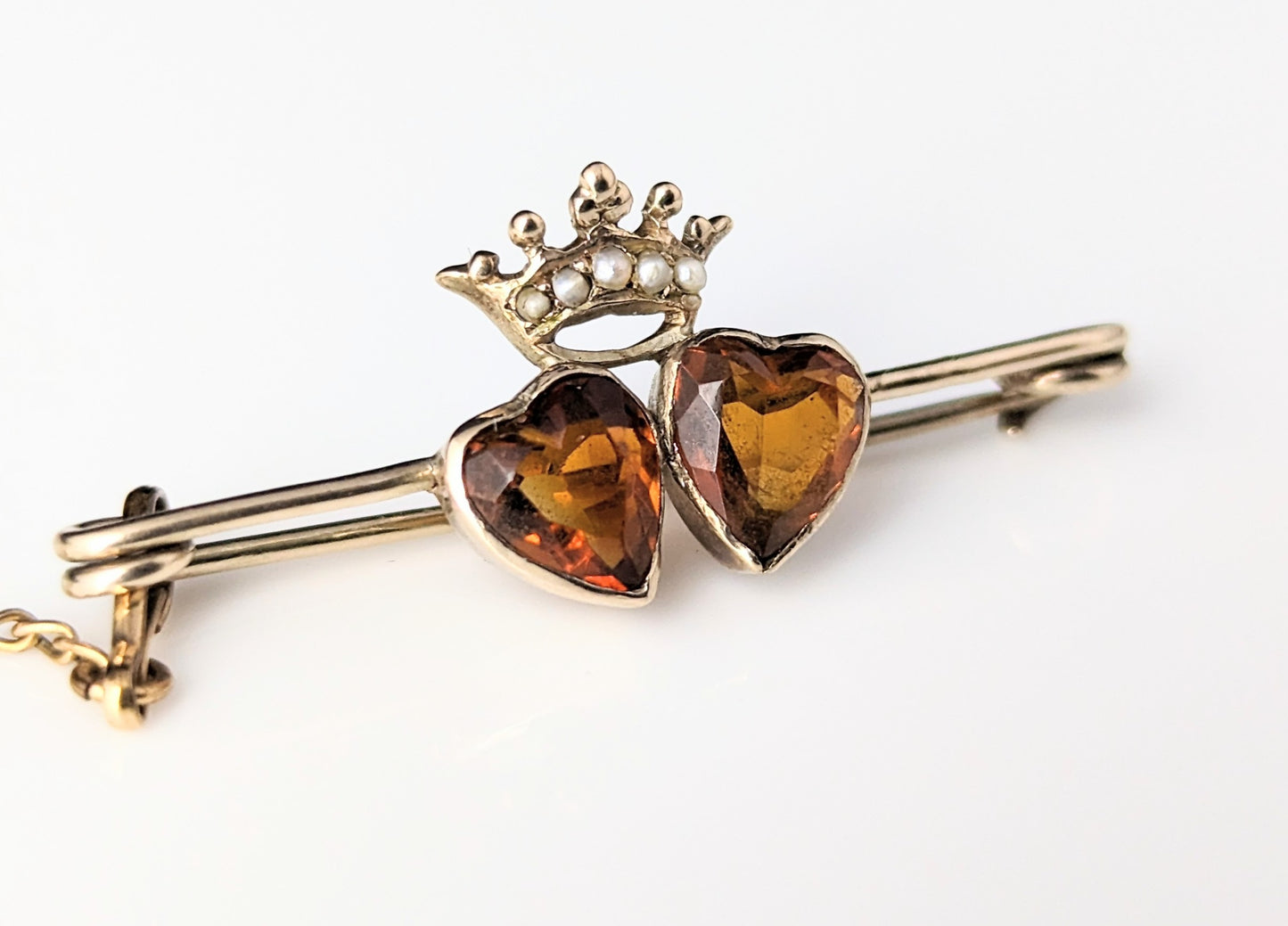 Antique Citrine double crowned hearts brooch, 9ct gold, Luckenbooth
