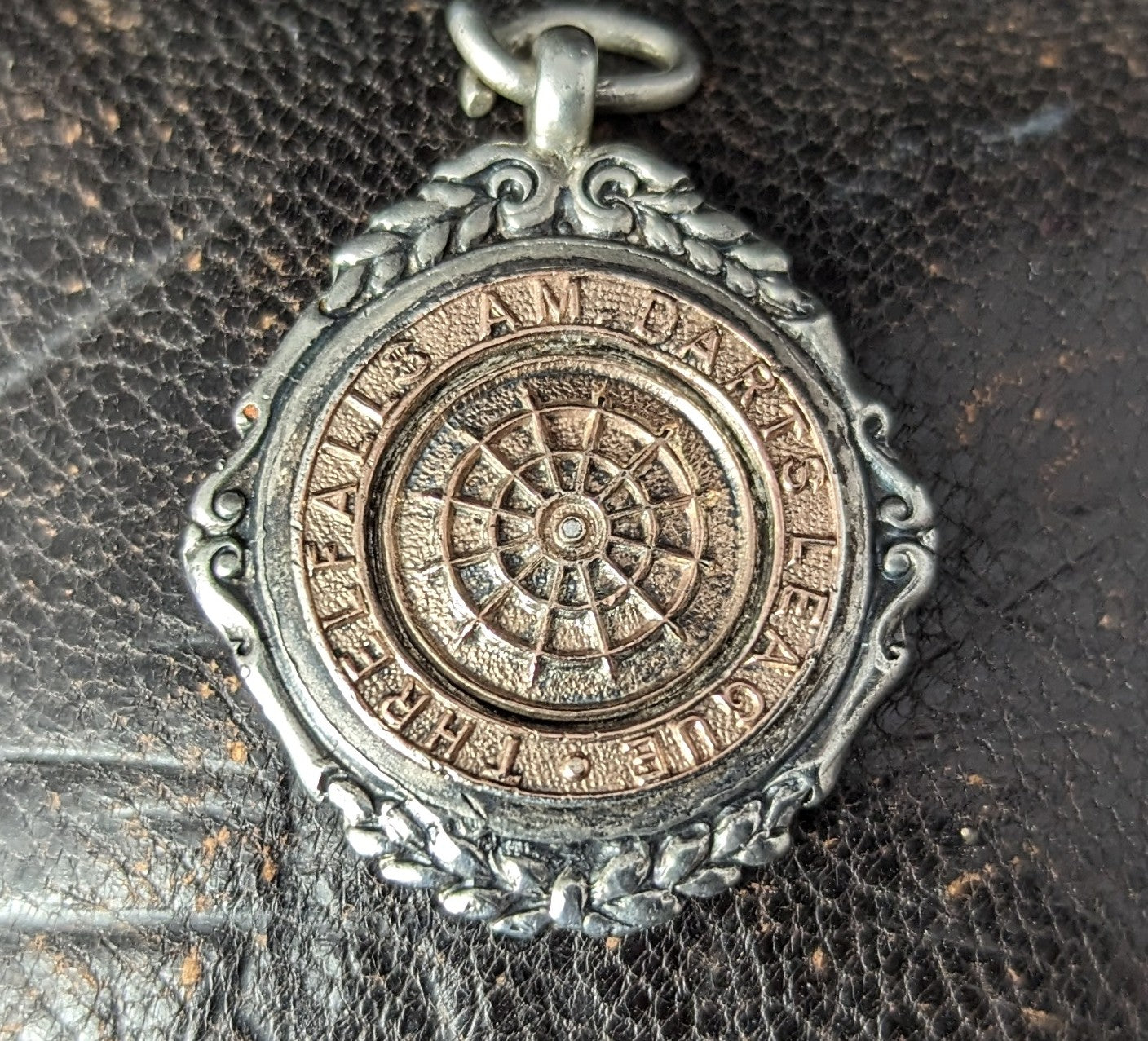 Vintage Art Deco silver and rose gold watch fob pendant, Darts league