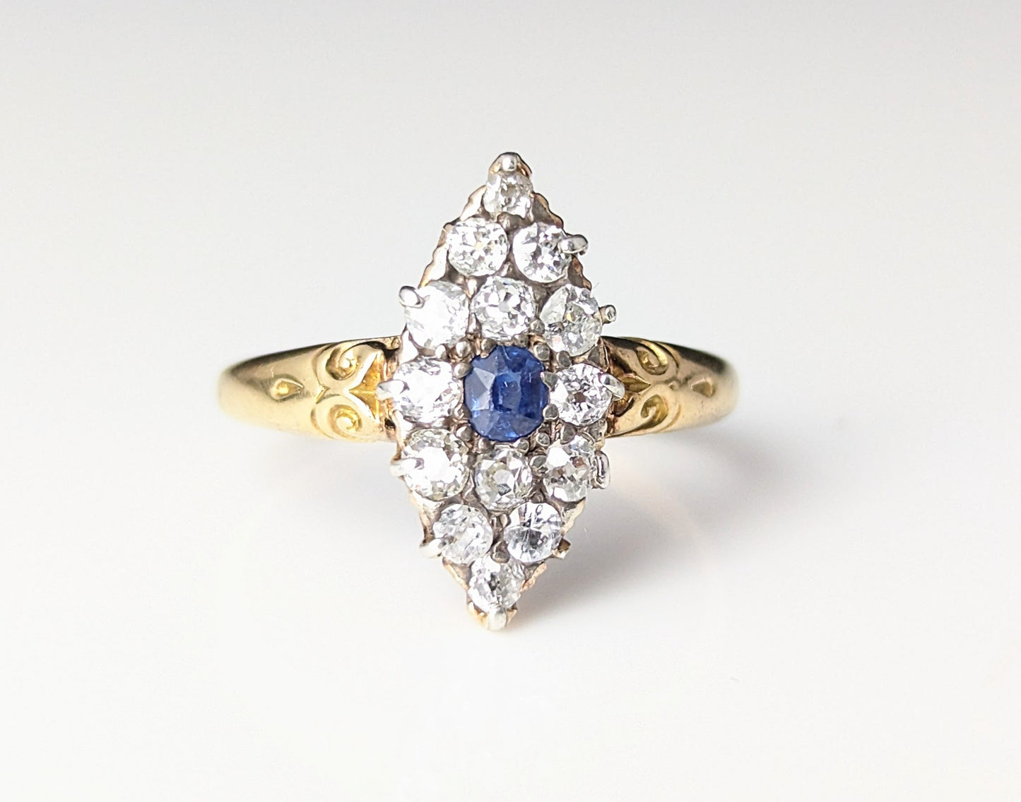 Antique Sapphire and Diamond navette ring, 18ct gold, Victorian