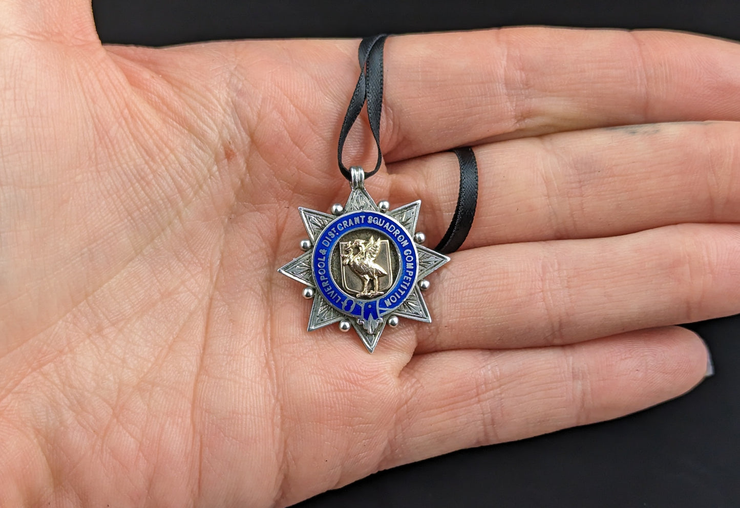 Antique Star fob pendant, Sterling silver, blue enamel and 9ct rose gold, Bird