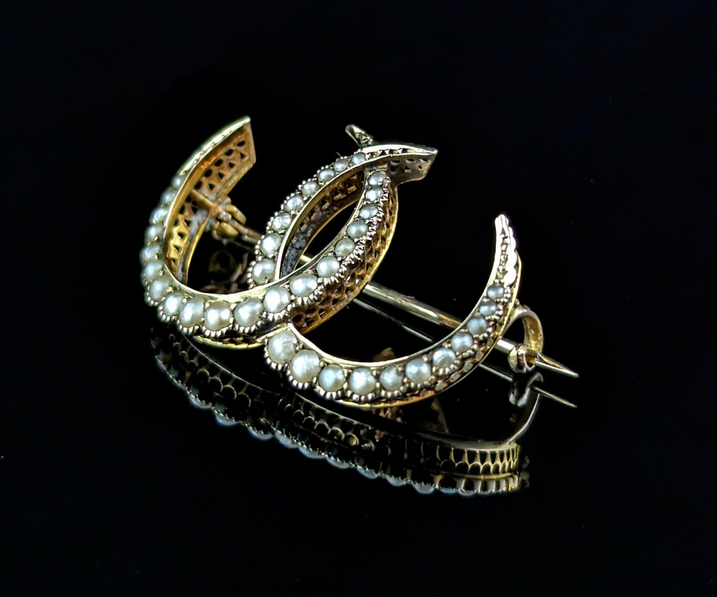 Antique 9ct gold and Pearl double crescent moon brooch, Murrle Bennett