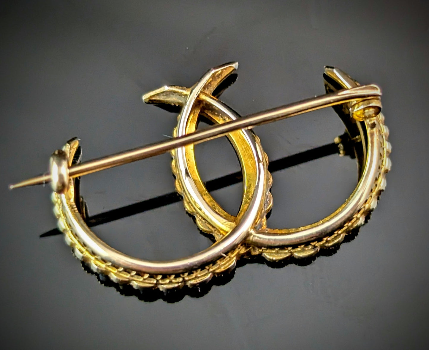Antique 9ct gold and Pearl double crescent moon brooch, Murrle Bennett