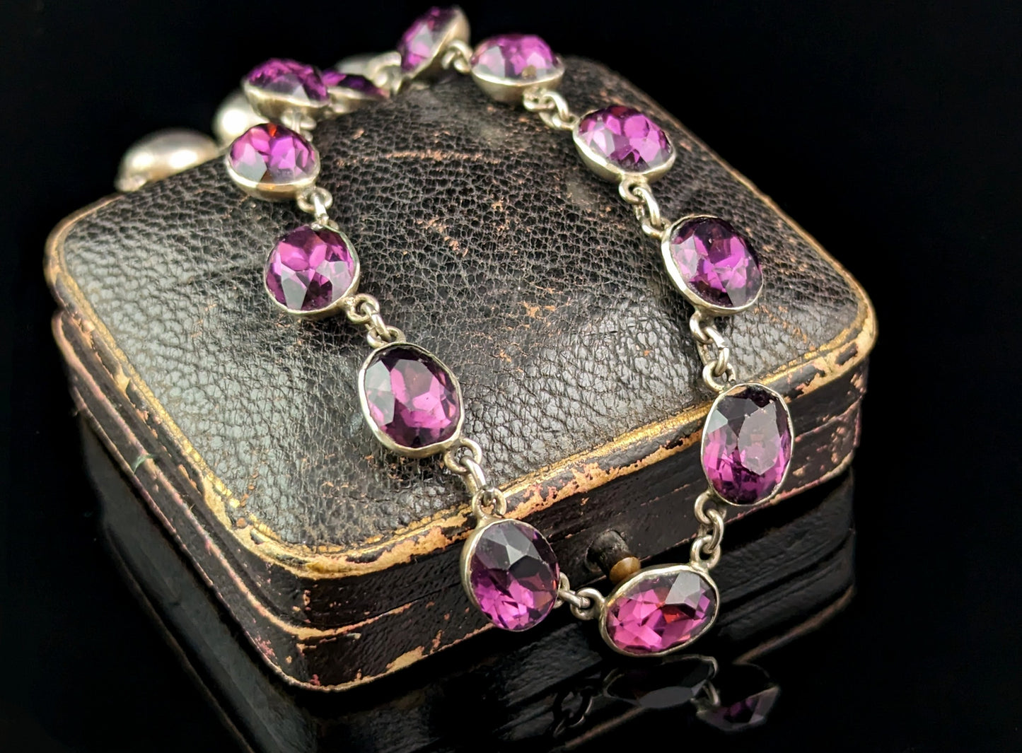 Antique Amethyst paste riviere necklace, sterling silver, 19th Century
