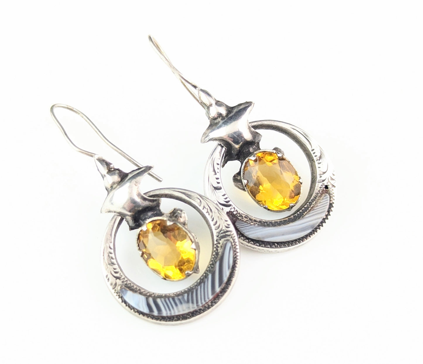 Antique Victorian Scottish agate drop earrings, Sterling silver