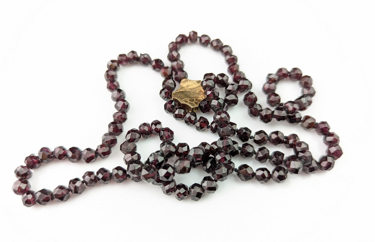 Antique Victorian Garnet bead necklace, 9ct gold shield