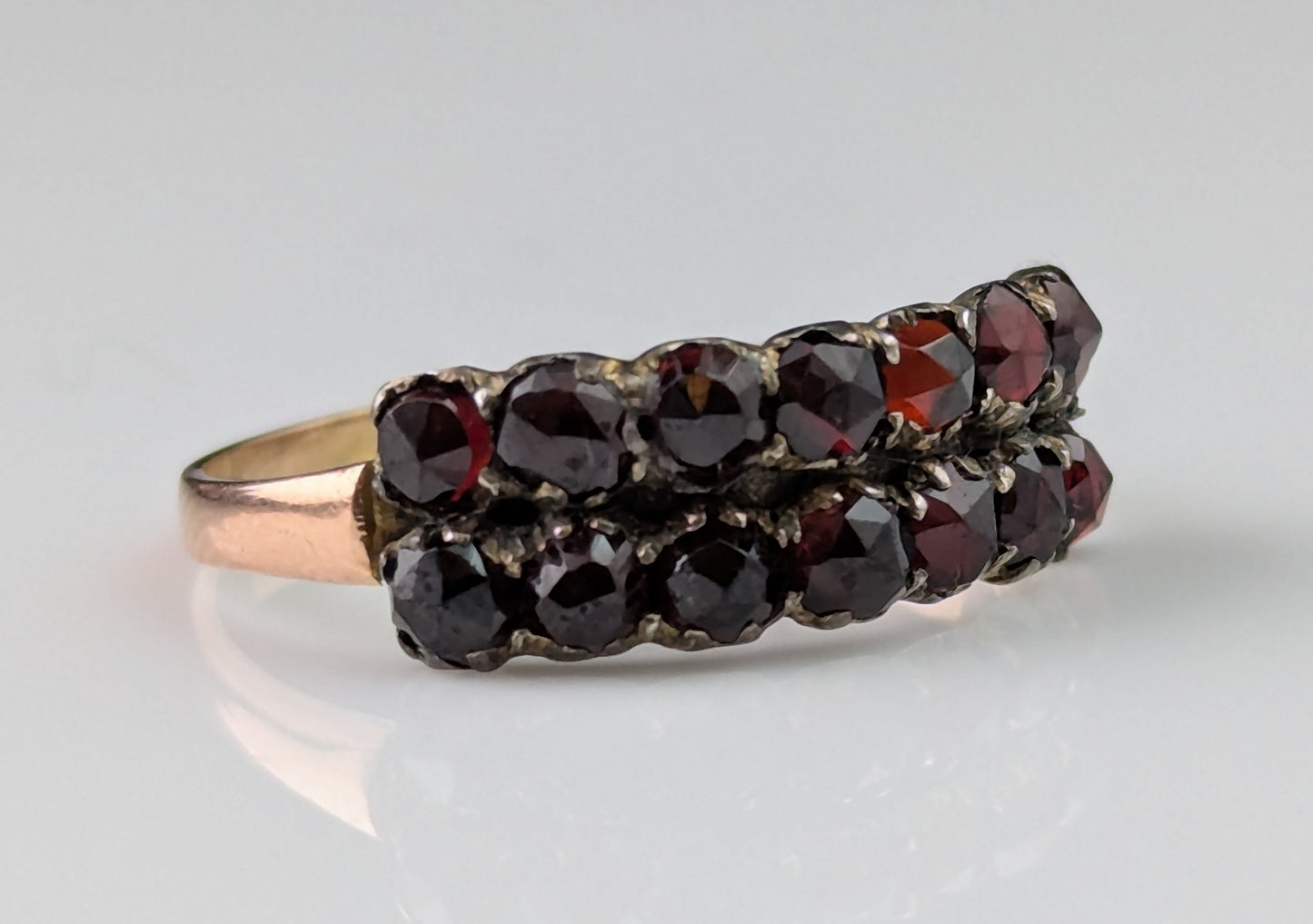 Antique Georgian Garnet double row half hoop ring, 9ct Rose gold