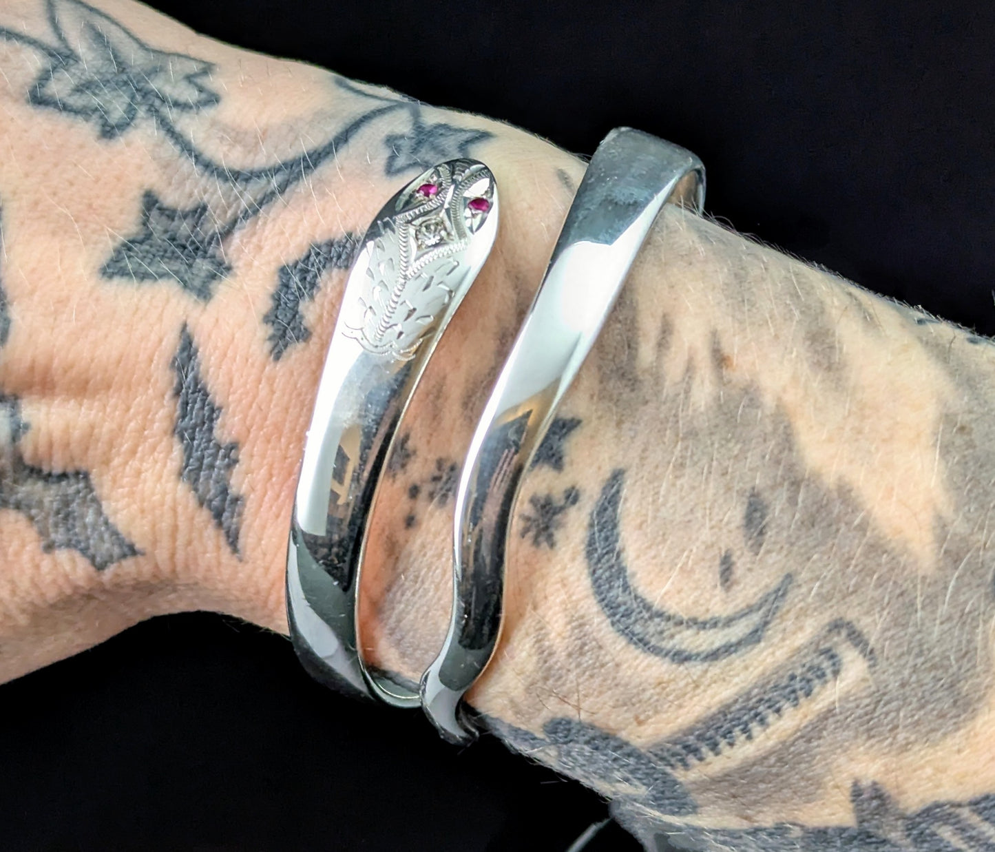 Vintage sterling silver snake bangle, heavy, Ruby eyes