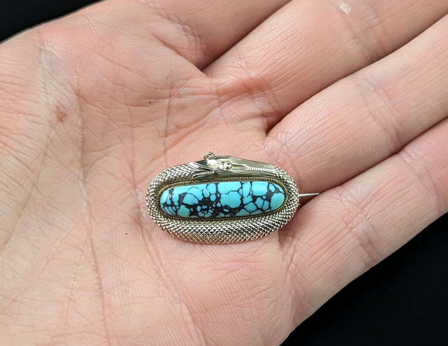 Antique Victorian Ouroboros brooch, 9ct gold snake, Turquoise matrix