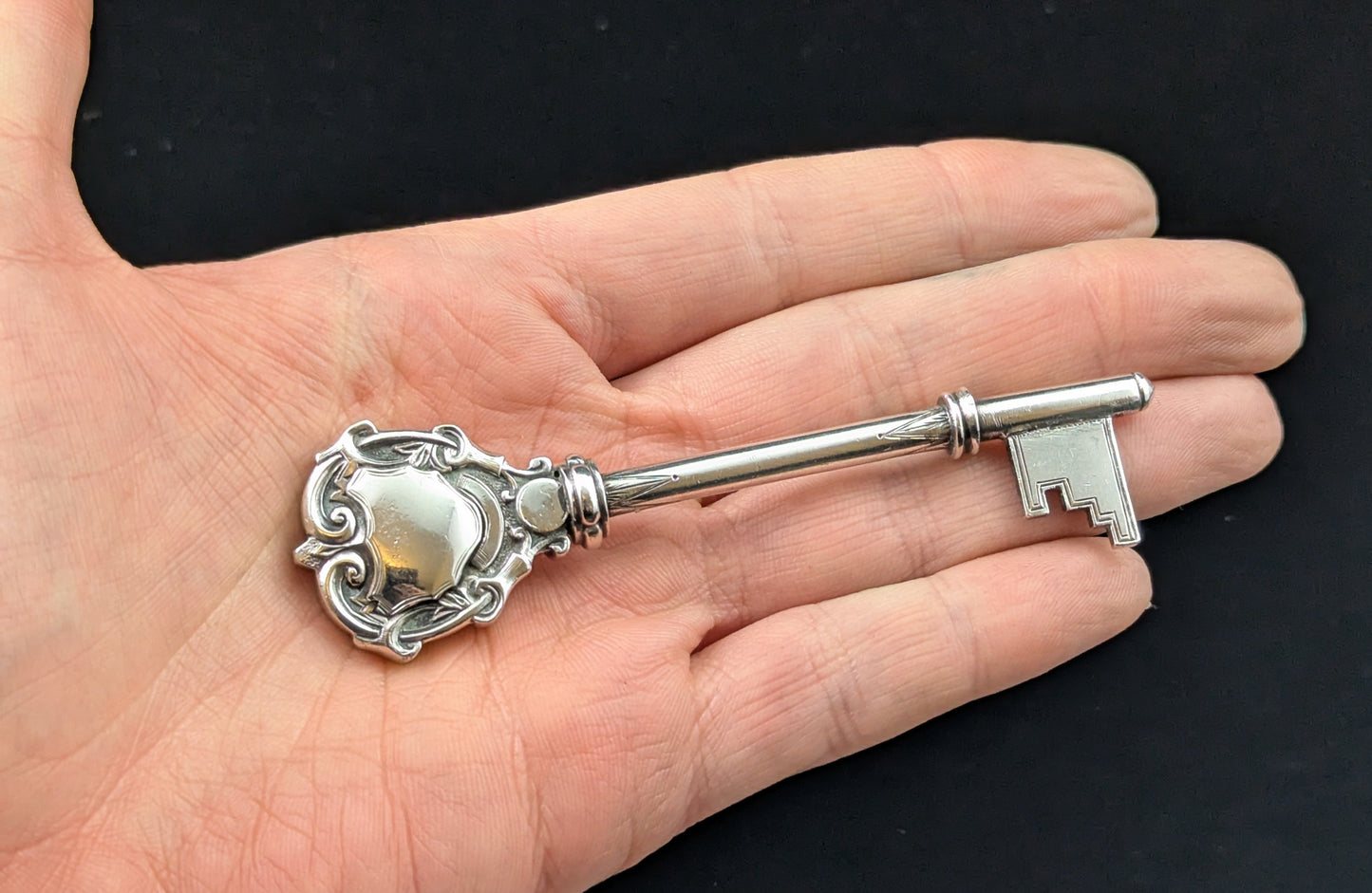 Antique sterling silver key brooch, presentation key