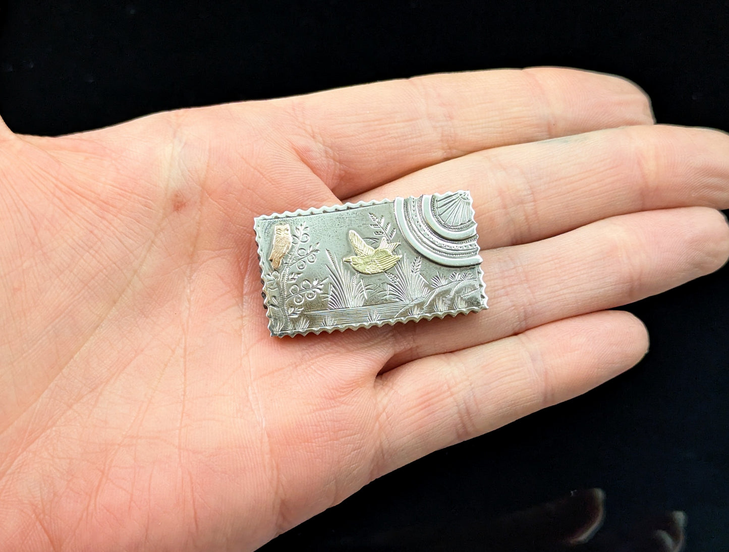 Antique Aesthetic locket brooch, Owl and Swallow, Sterling silver