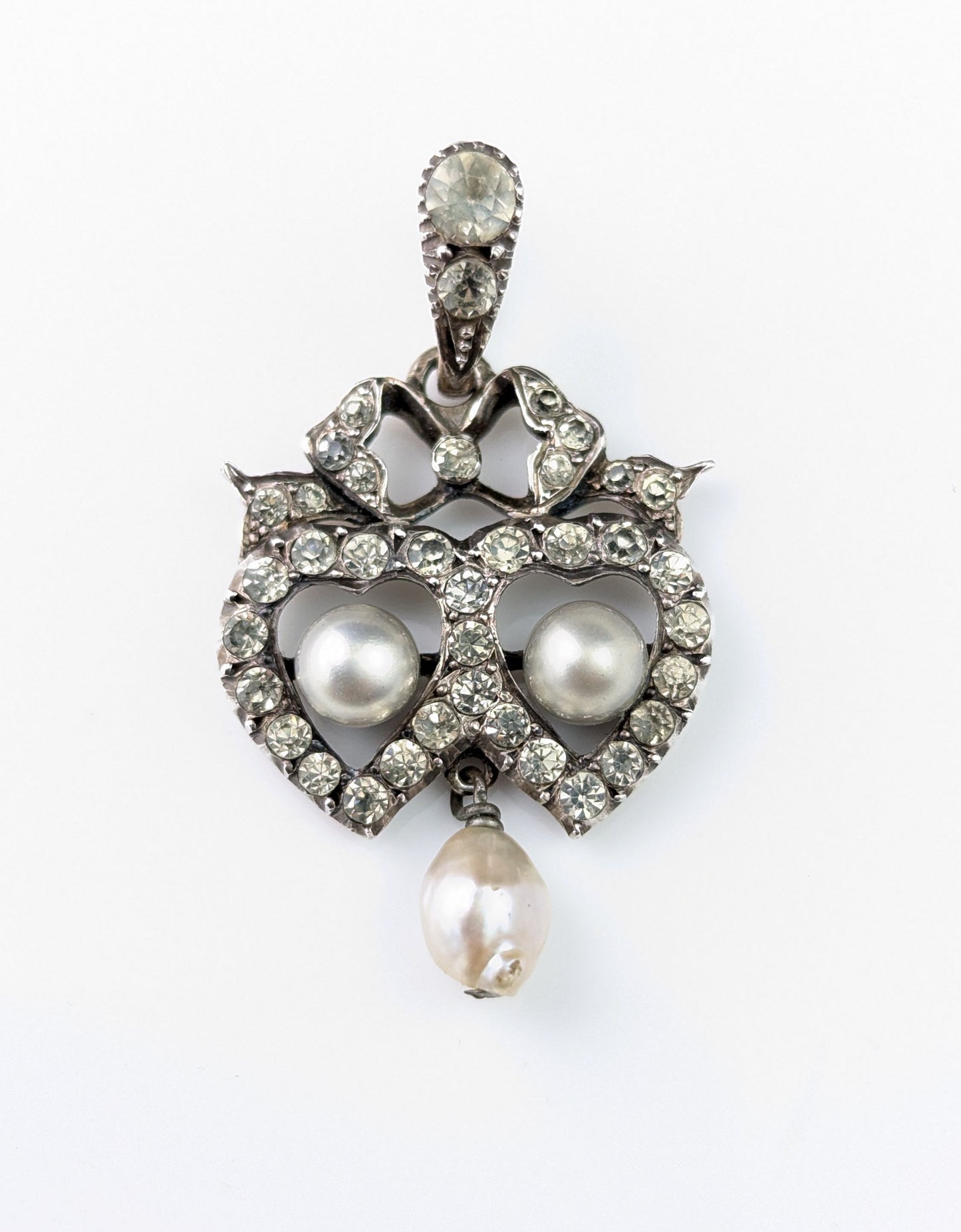 Antique Silver and Paste double heart pendant, Bow, Edwardian