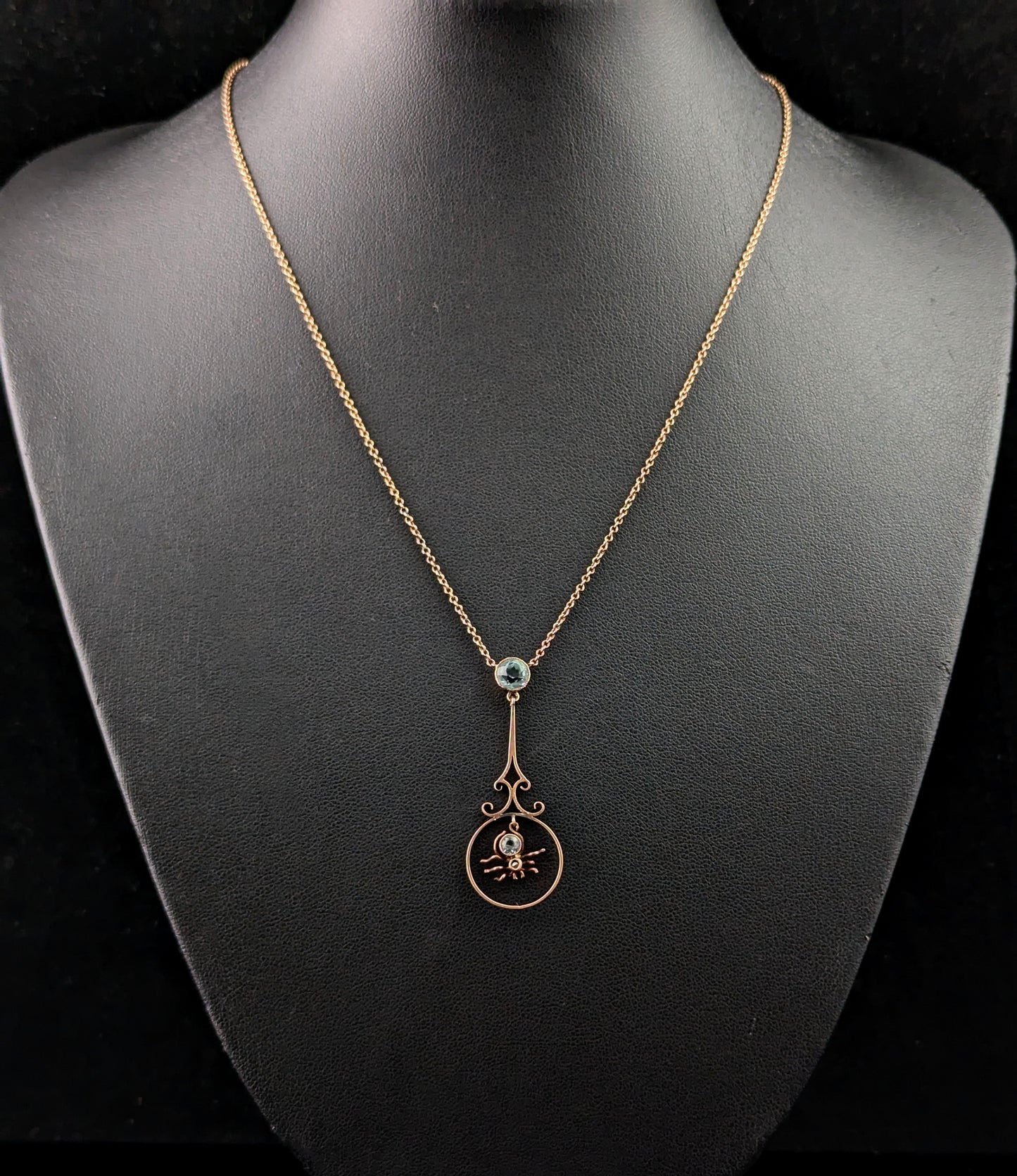 Antique 9ct Rose gold Spider pendant necklace, Blue paste