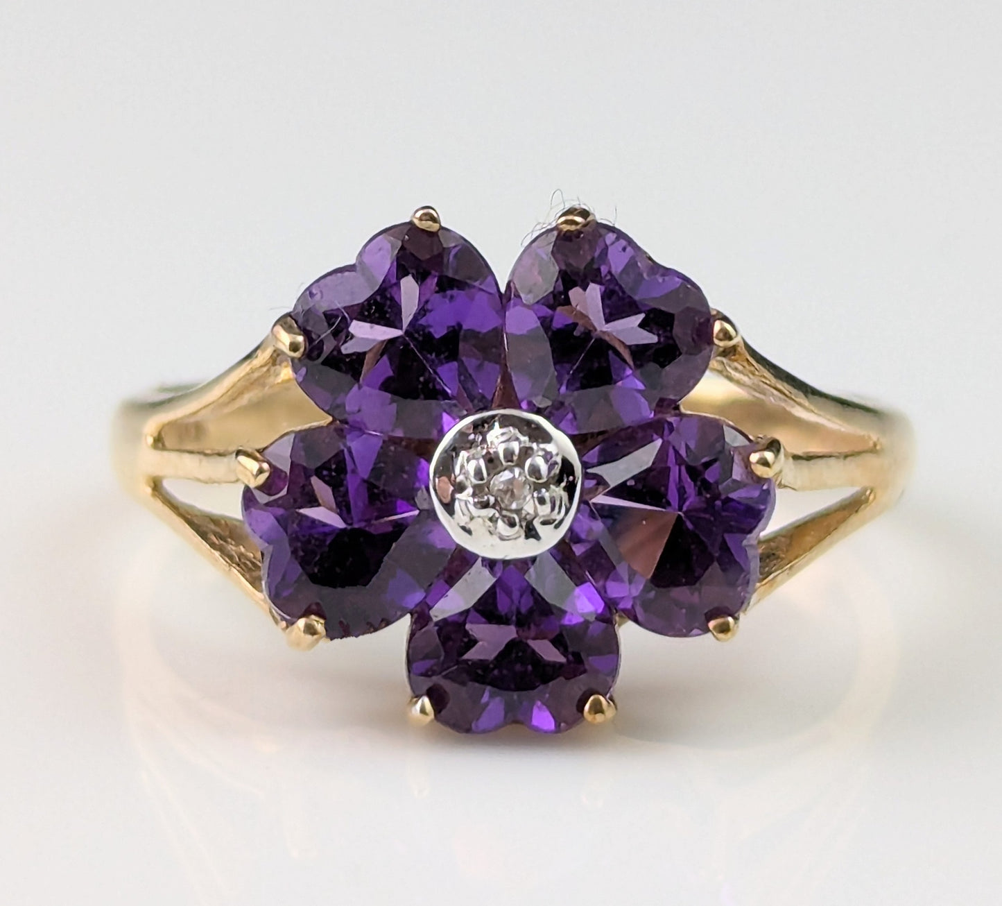 Vintage Amethyst and Diamond flower ring, 9ct yellow gold