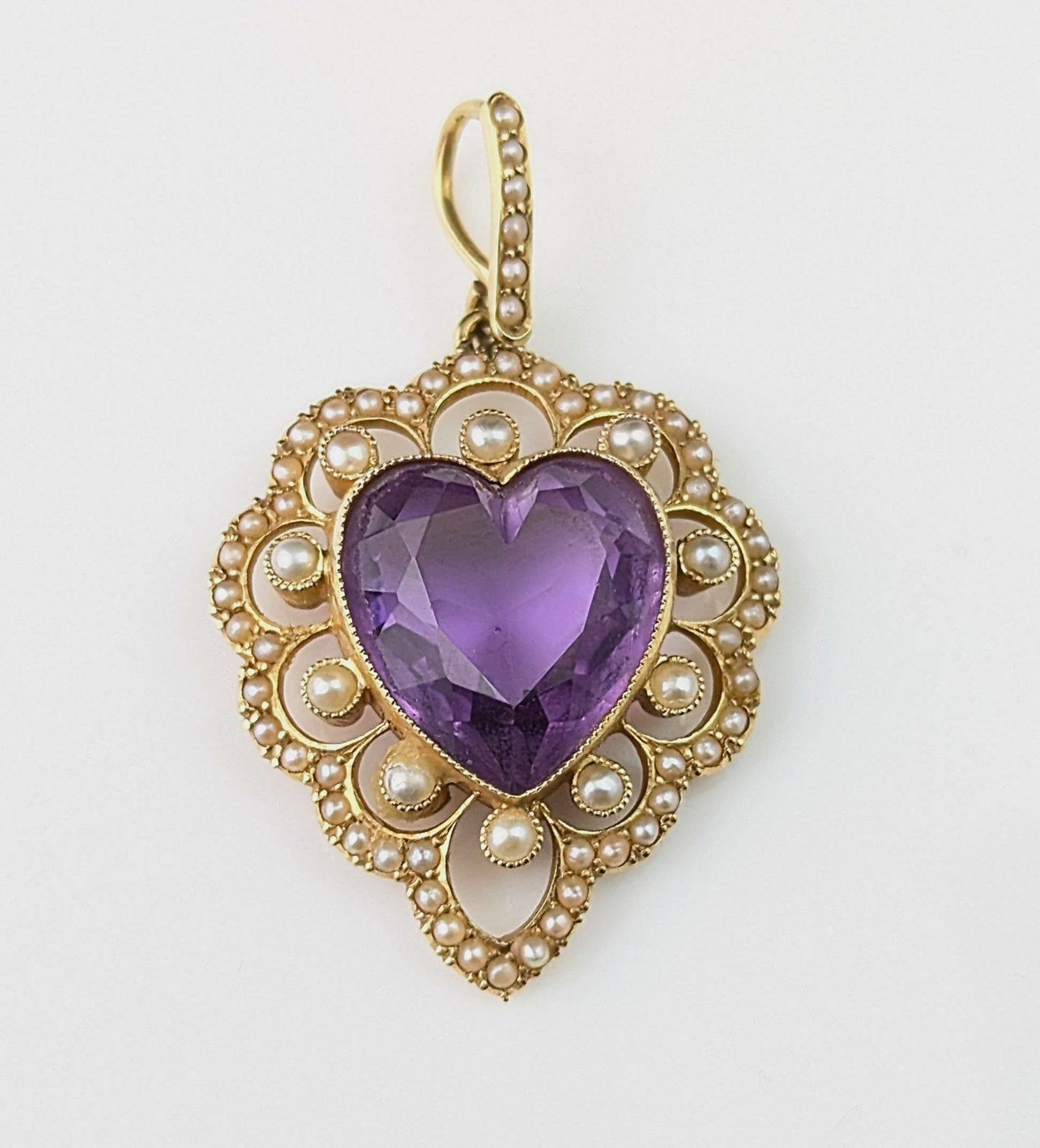 Antique Amethyst love heart pendant, 15ct gold and Pearl
