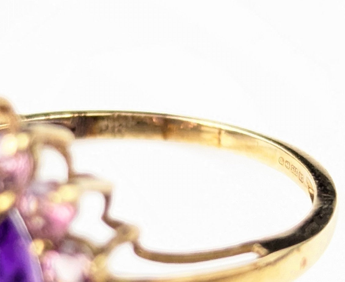 Vintage Amethyst and Pink paste cluster ring, 9ct yellow gold