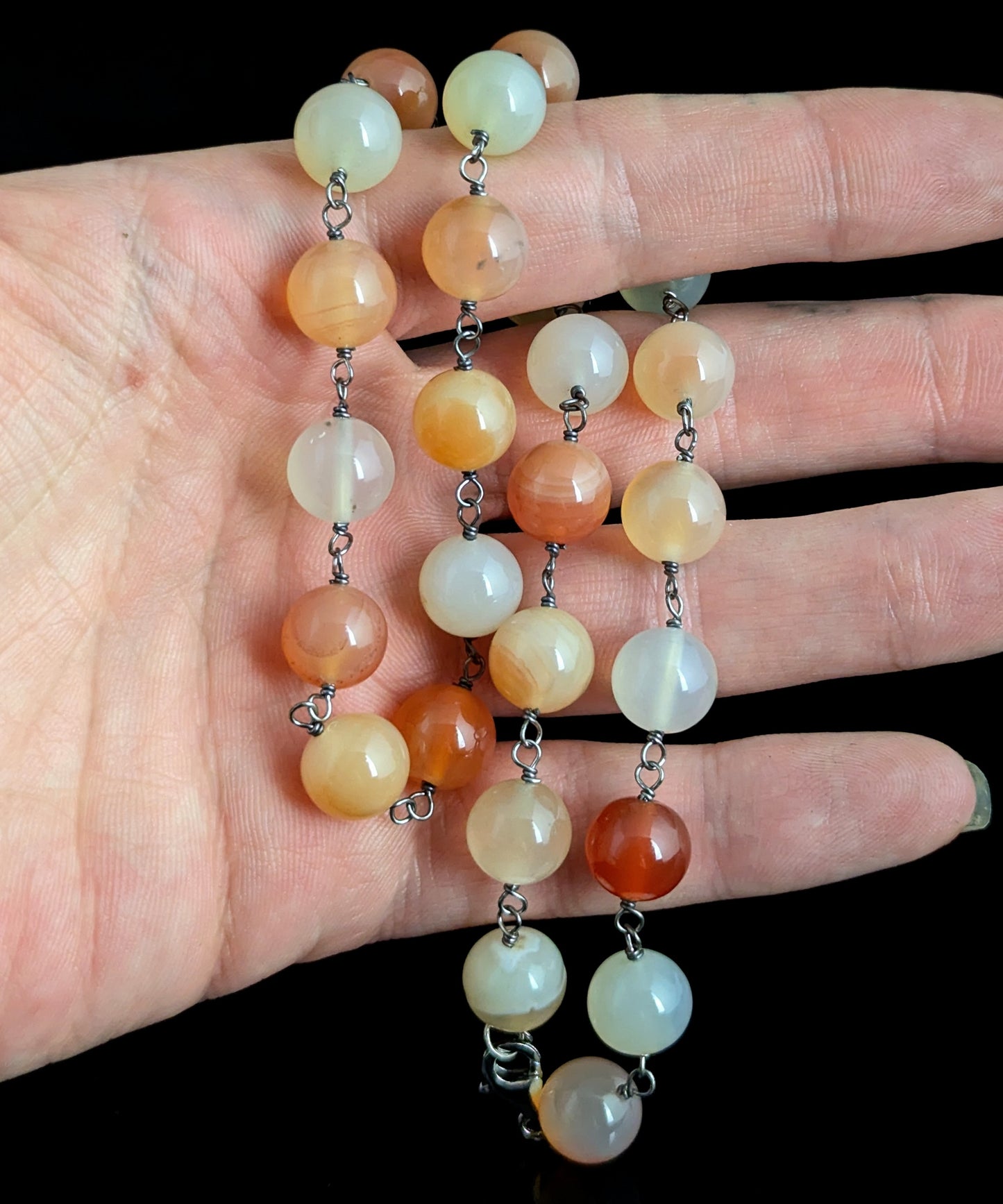 Antique orange Agate bead necklace, Sterling silver clasp
