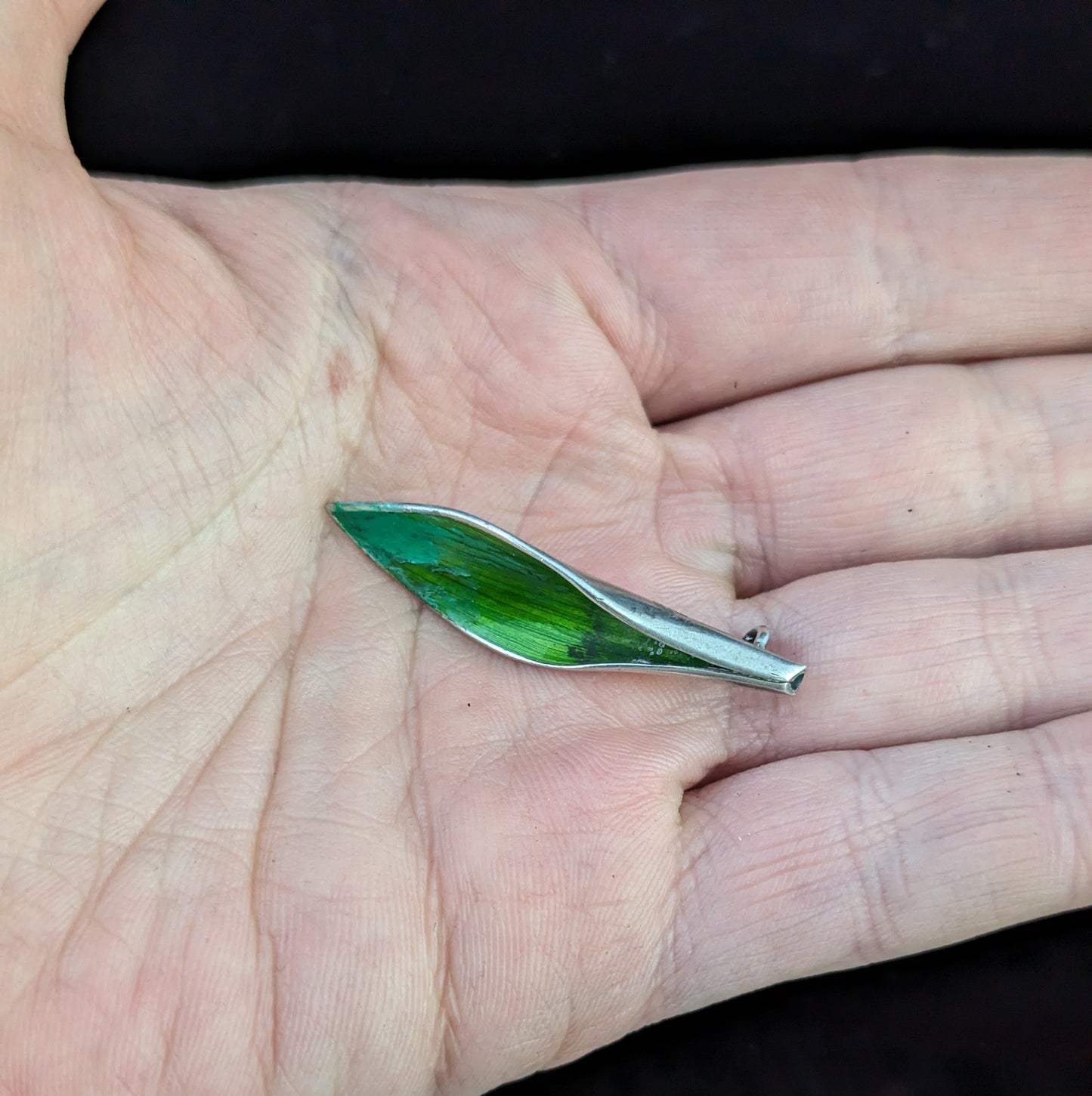 Vintage sterling silver and enamel leaf brooch, Lily of the Valley