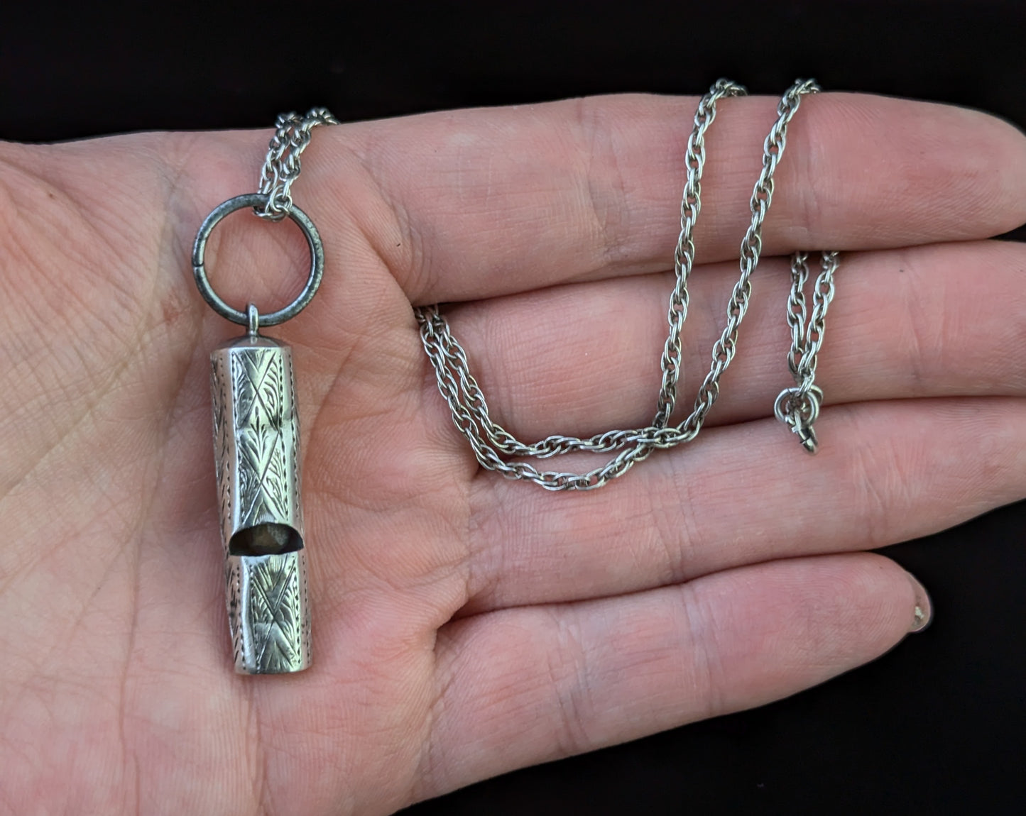 Antique sterling silver whistle pendant, Rope twist chain necklace