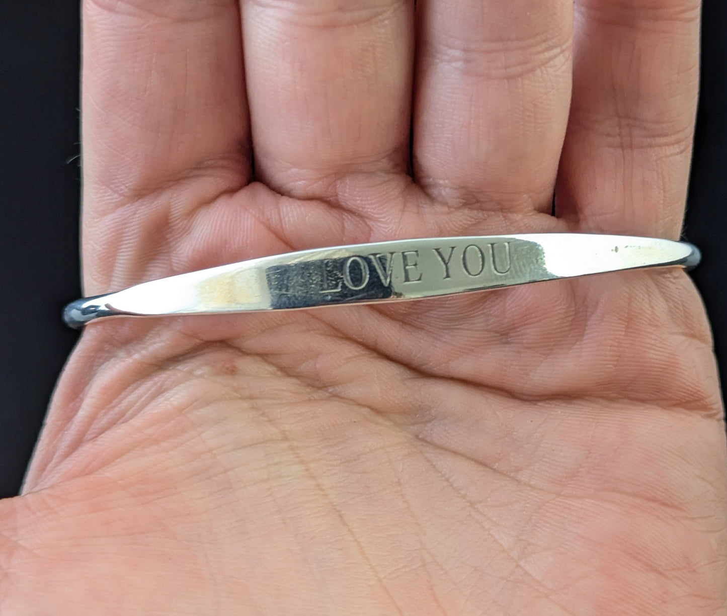 Vintage sterling silver torque bangle, I Love You
