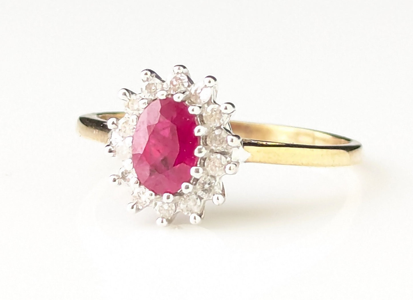 Vintage Ruby and Diamond cluster ring, 9ct gold, Glass filled Ruby