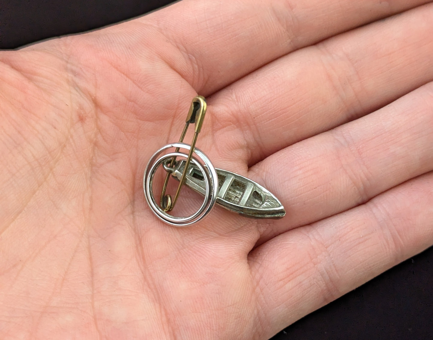 Vintage sterling silver wedding bands, boat charm, Dangly pendant