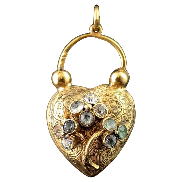 Antique Regency heart padlock locket pendant, 9ct gold and Paste
