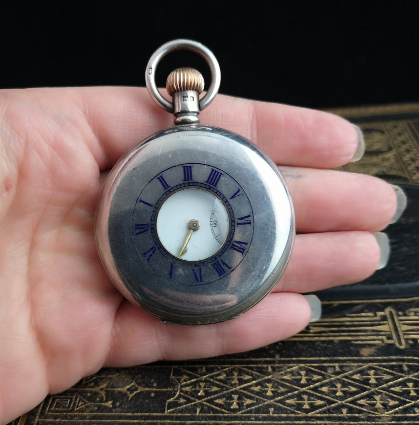 Antique sterling silver half hunter pocket watch, Moeris