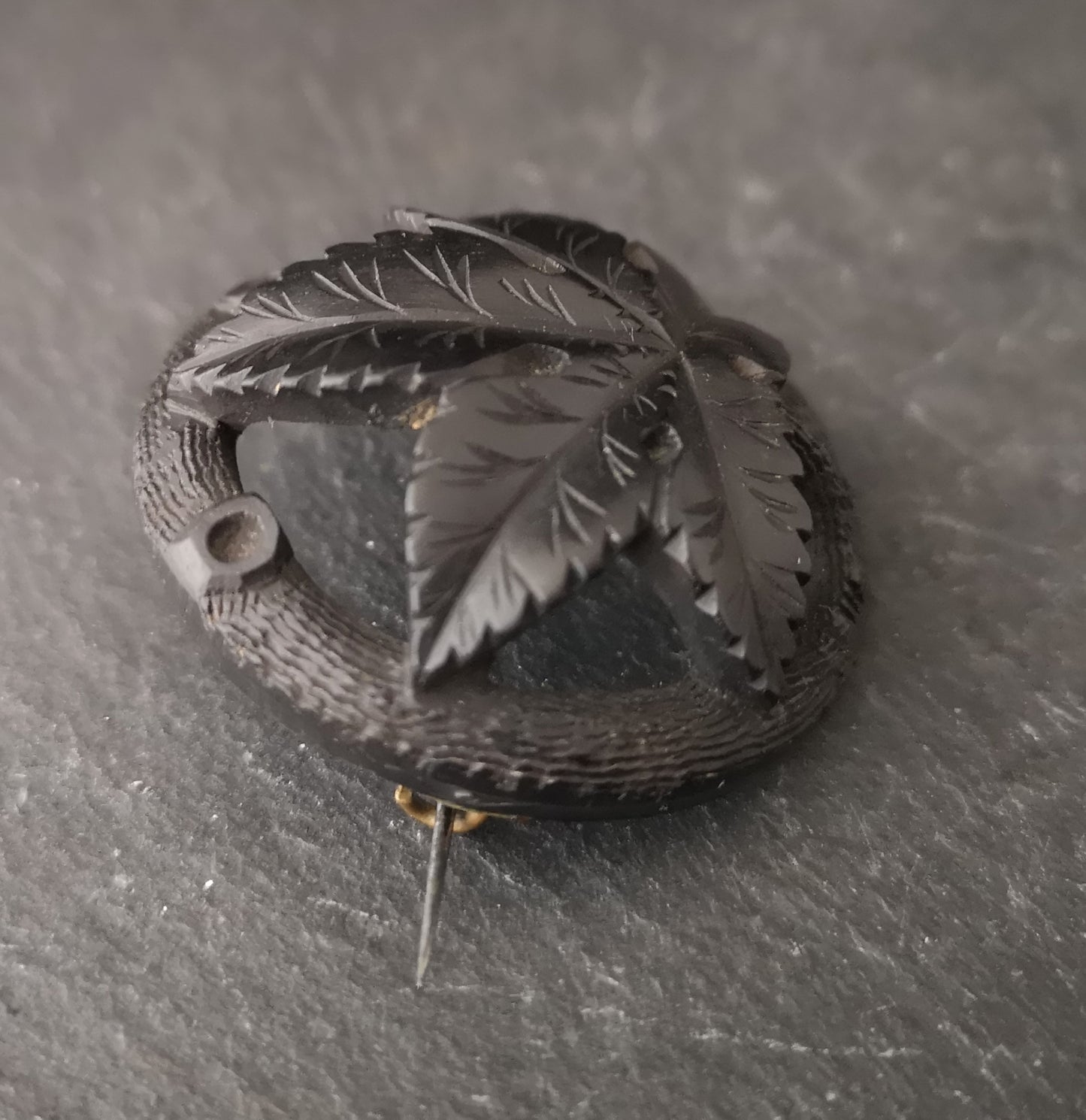 Antique jet maple leaf brooch