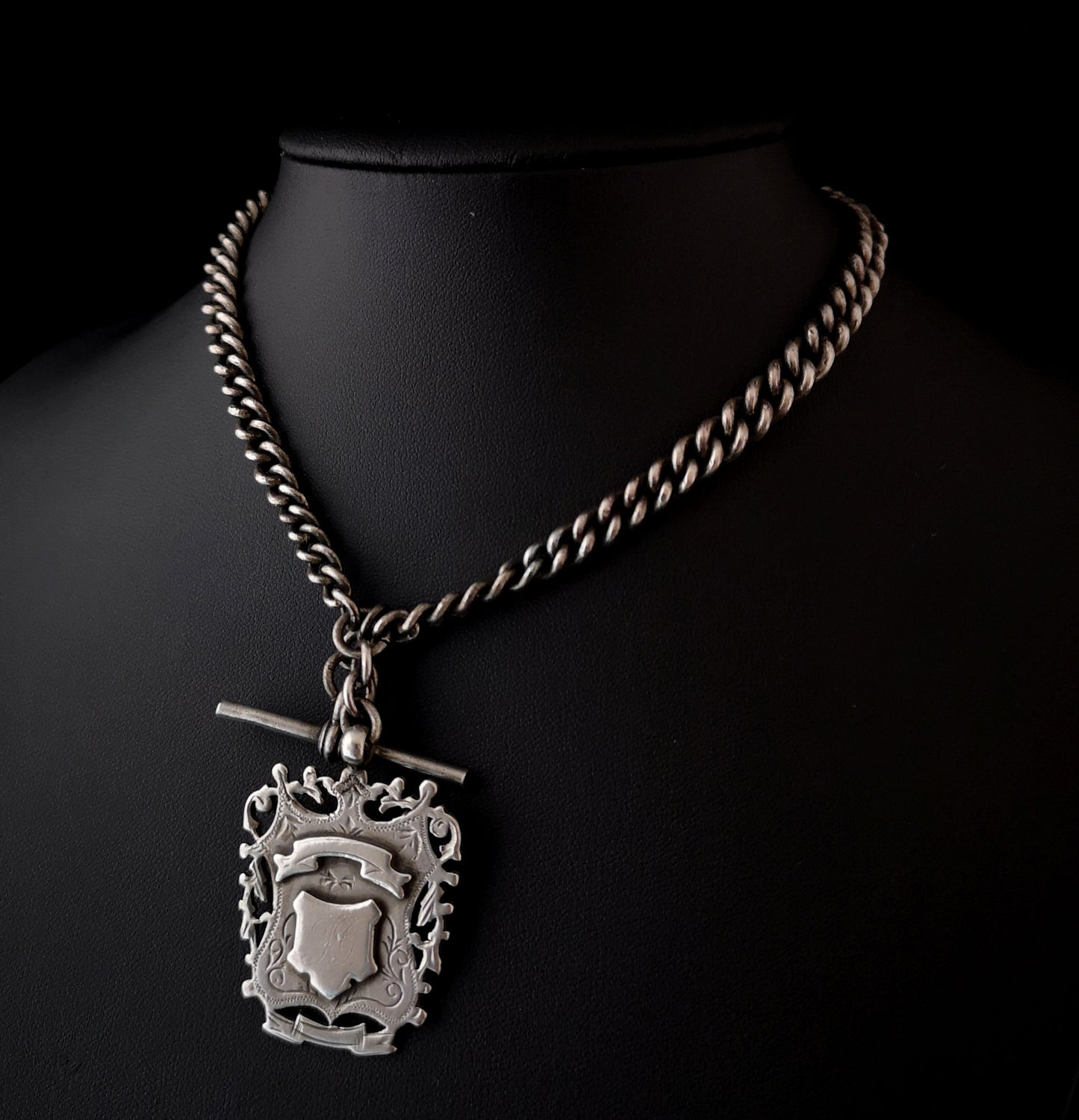 Antique silver Double Albert chain, watch chain, fob