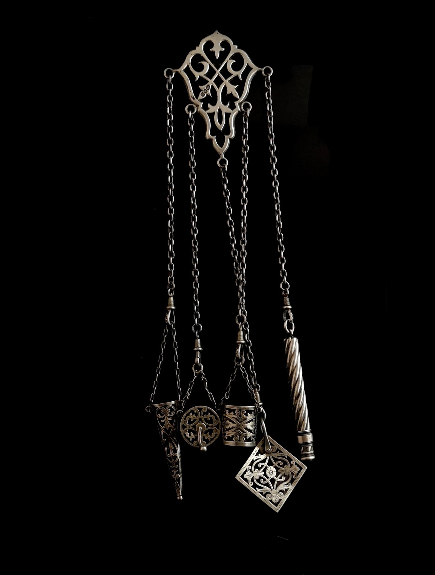 Antique Victorian silver chatelaine, sewing