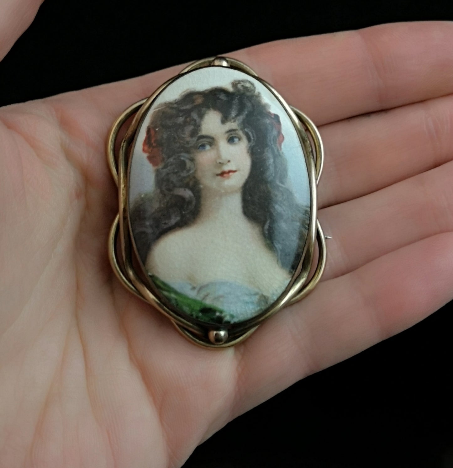 Antique Victorian portrait brooch, hand painted porcelain
