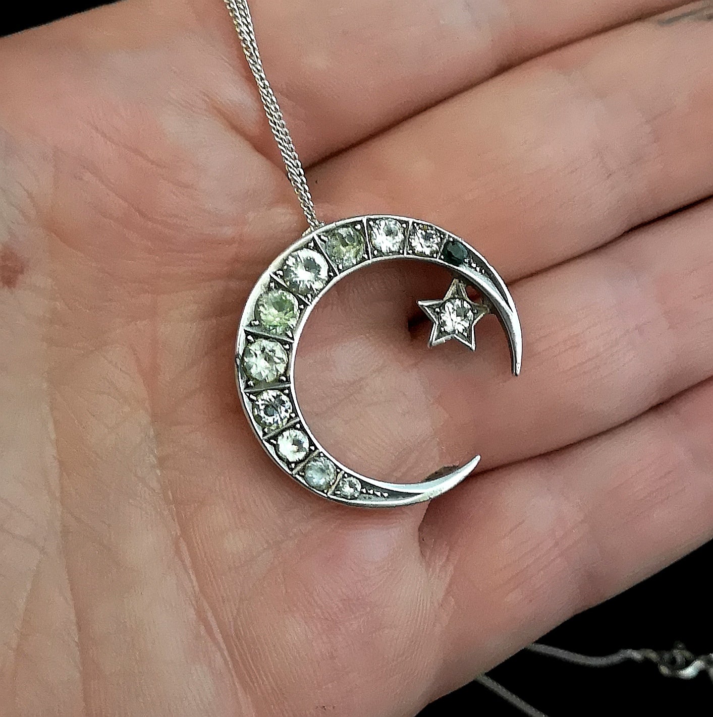 Antique Victorian silver crescent pendant, paste and emerald