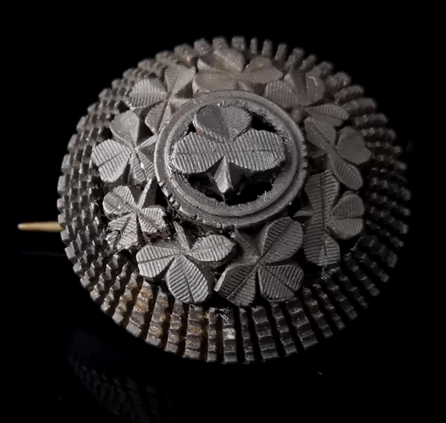 Antique Victorian Whitby Jet Shamrock brooch