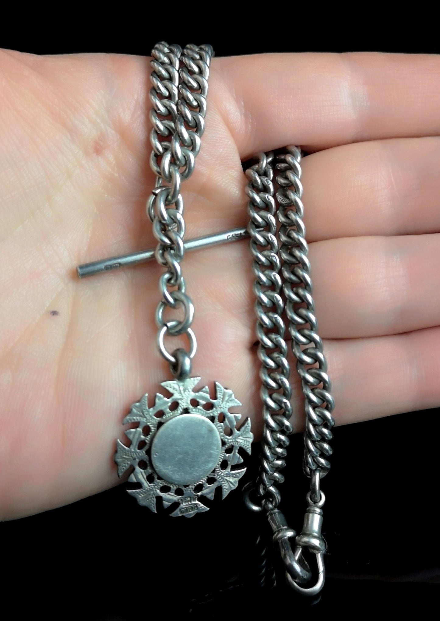 Antique silver Double Albert chain, watch chain, fob