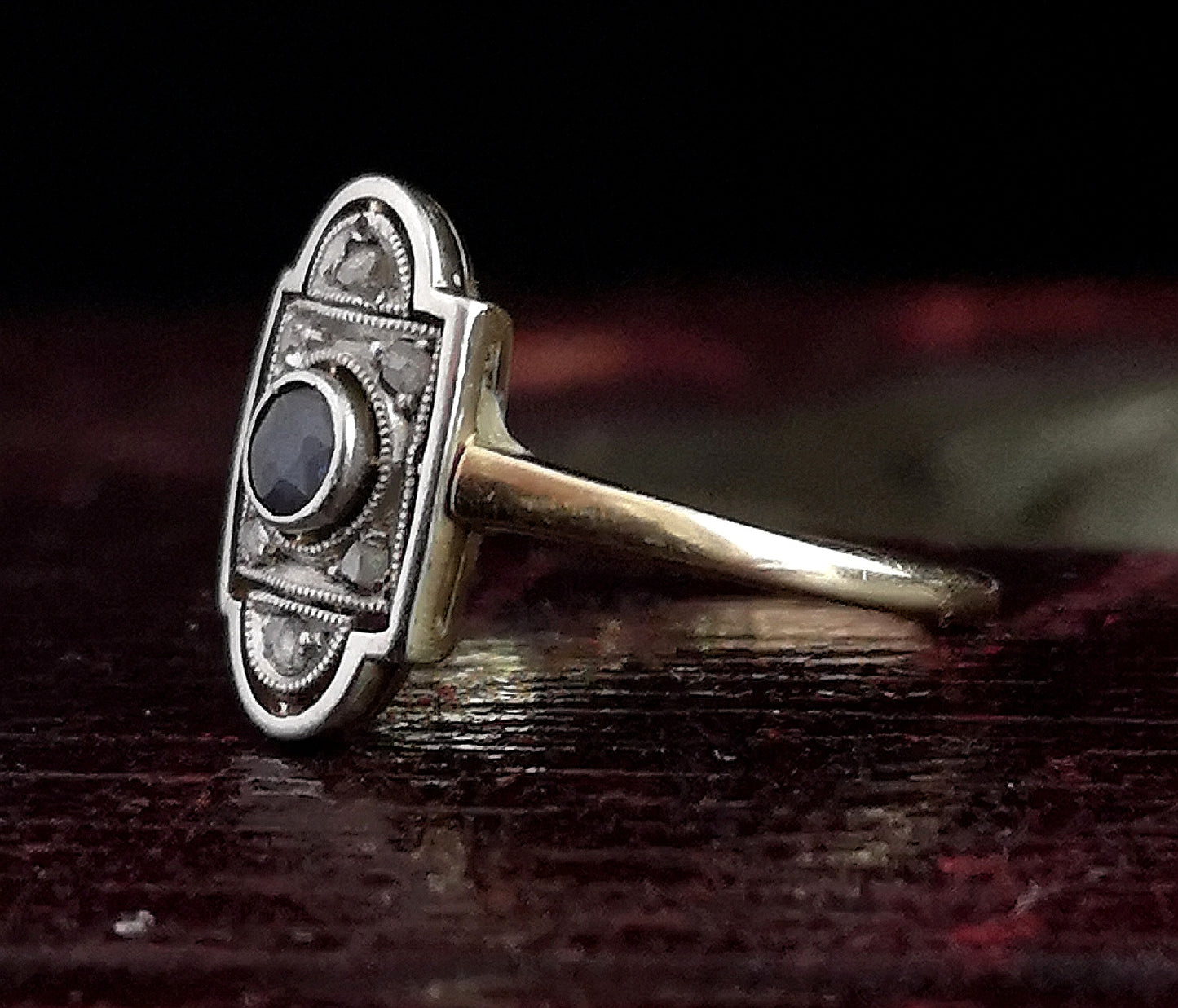 Art Deco Sapphire and Diamond ring, 9ct gold and platinum