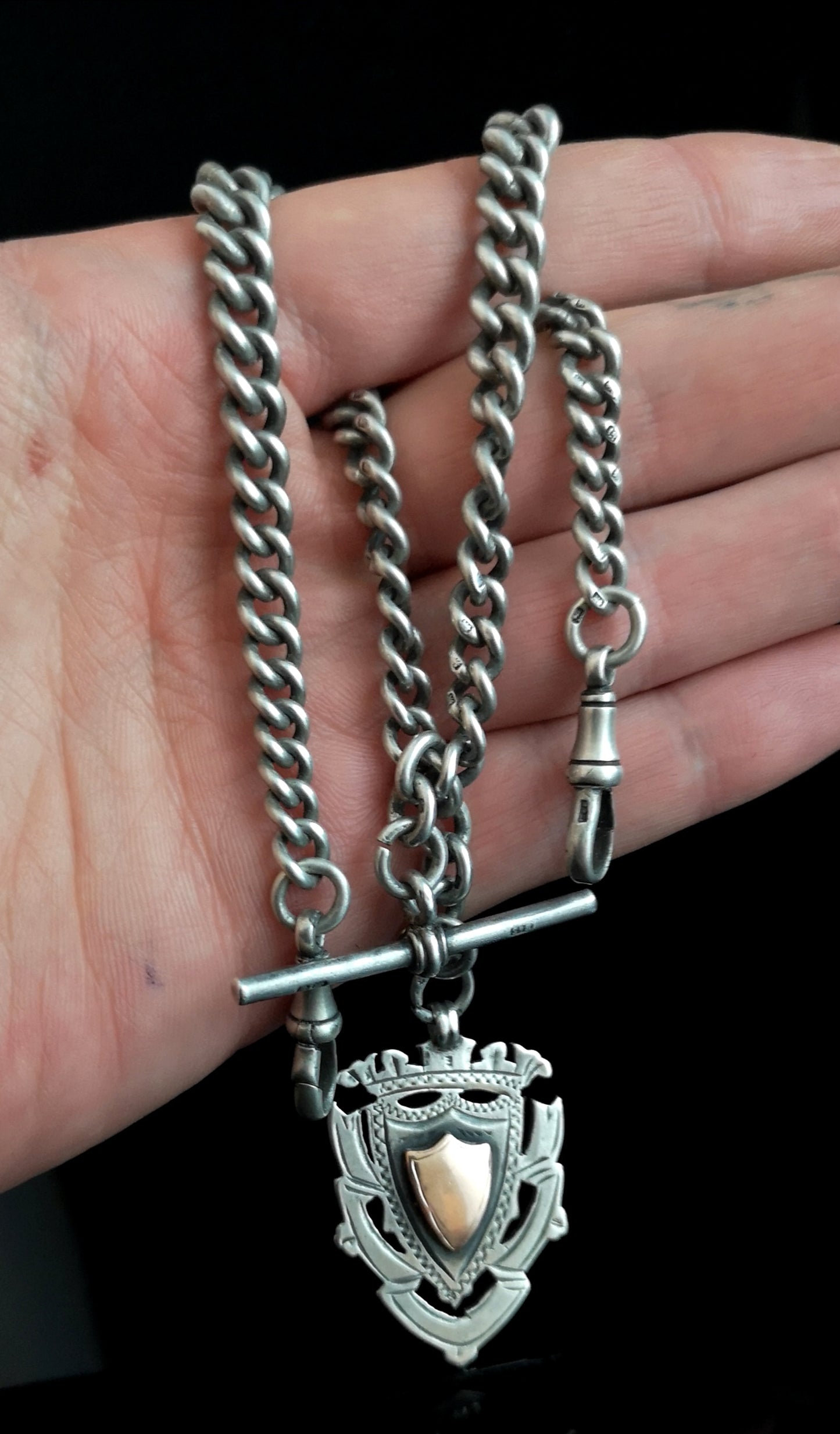Antique silver Double Albert chain, rose gold fob