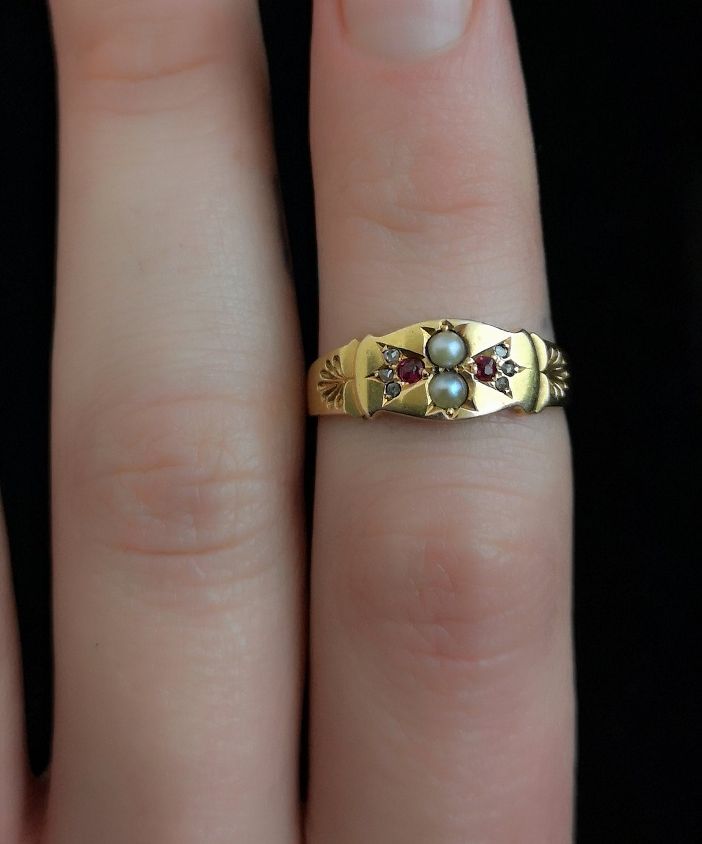 Victorian Ruby, pearl and diamond ring, 15ct gold