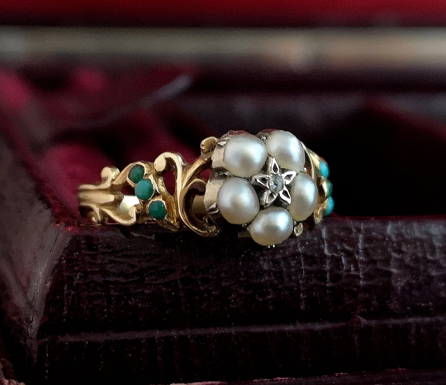 Victorian turquoise, diamond and pearl ring, 18ct, forget me not flower