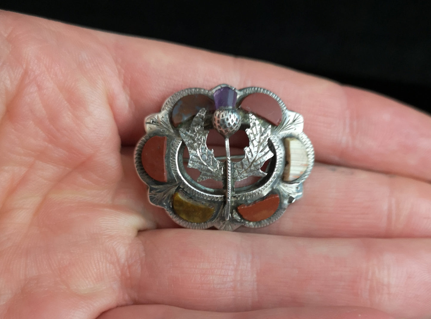 Antique Scottish silver brooch, agate and amethyst
